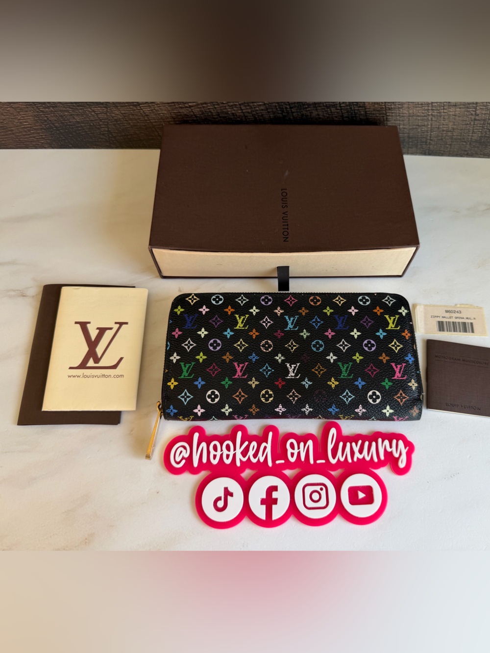 Authentic Louis Vuitton Takashi Murakami Black Multicolor Full Sized Zip Wallet